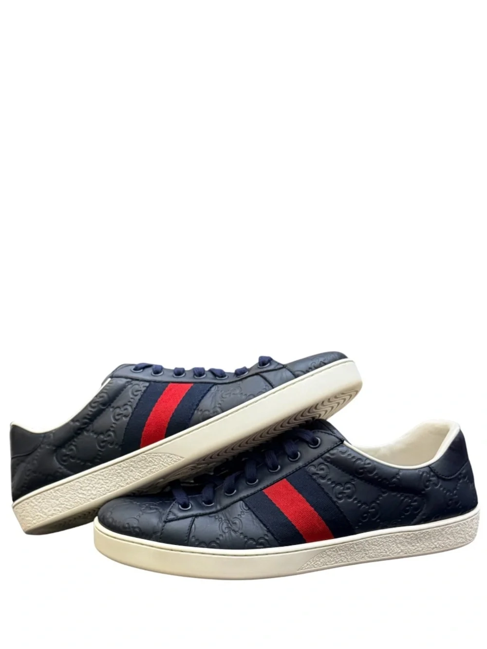 GUCCI - NAVY BLUE ALL LEATHER EMBOSSED MONOGRAM “ACE GG SUPREME” SNEAKERS